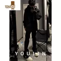 YANXU美式高街cleanfit裤子毛边纯黑色微喇牛仔裤男显瘦弹力修身直筒裤