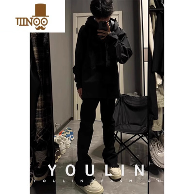 YANXU美式高街cleanfit裤子毛边纯黑色微喇牛仔裤男显瘦弹力修身直筒裤