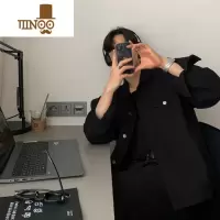 YANXU韩系轻熟风酒红色牛仔外套男感痞帅男装潮牌宽松短款牛仔夹克