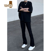 YANXU美式高街vibe裤子潮牌痞帅黑色修身弹力微喇叭牛仔裤男生夏季休闲