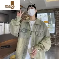 YANXU黄泥染牛仔外套男秋季星星美式潮牌复古上衣oversize毛边vibe夹克