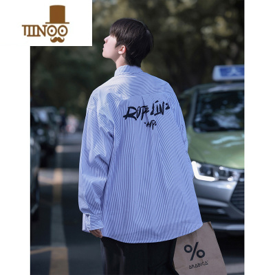 YANXU条纹衬衫男长袖秋季新款日系复古潮流青少年休闲宽松学生衬衣外套