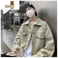 YANXUins美式高街破洞黄泥做旧水洗翻领牛仔夹克男复古潮牌拉链外套男