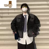 YANXU短款牛仔外套男秋季潮牌痞帅感毛边水洗日系复古休闲工装夹克