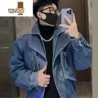 YANXU高端时尚做旧牛仔衣男双领设计新款潮流假牛仔夹克外套