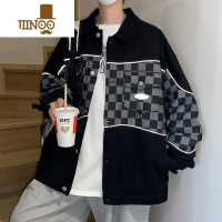 YANXU青少年牛仔夹克潮流美式复古无帽外套男士宽松个性拼接上衣