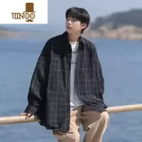 YANXU格子长袖衬衫男潮流宽松复古休闲衬衣青少年日系cityboy外套