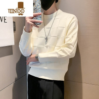 YANXU2023新款纯色格子毛衣男士修身感圆领秋季百搭潮牌针织打底衫