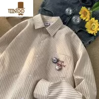 YANXU条纹衬衫男秋季日系复古宽松百搭长袖衬衣潮流百搭青少年休闲外套