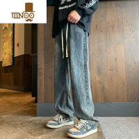 YANXU美式复古黑色抽绳牛仔裤男秋季宽松直筒阔腿长裤潮牌痞帅炸街裤子