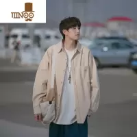 YANXU杏色长袖衬衫男简约潮牌古着宽松衬衣日系休闲工装外套上衣