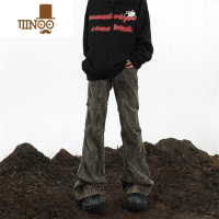 YANXUMaxDstr 美式侧边褶皱黄泥做旧微喇叭牛仔裤男宽松阔腿拖地长裤子