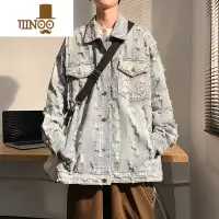 YANXU美式复古水洗牛仔夹克男做旧破洞潮流薄款外套翻领多口袋情侣上衣
