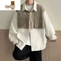 YANXU日系复古假拼接长袖衬衫男秋季ins潮牌帅气宽松休闲工装衬衣