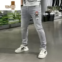 YANXU高端浅色小直筒牛仔裤男2023夏季喷漆刺绣男裤修身长裤休闲裤子灰
