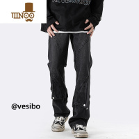 YANXU高街vibe牛仔裤男款夏季设计感小众黑色长裤修身宽松直筒工装裤子