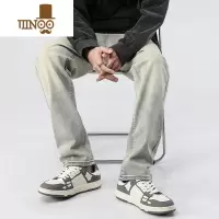 YANXU夏款美式新款水洗做旧黄泥染牛仔长裤男潮阔腿高街直筒宽松休闲裤