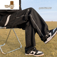 YANXU美式拉链牛仔裤男夏季潮牌设计感黑色直筒裤宽松复古休闲阔腿长裤