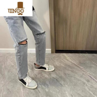 YANXU新款破洞拉链牛仔裤男潮牌精小伙直筒裤网红同款高街痞帅九分裤