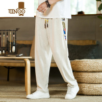 YANXU亚麻休闲裤男士夏季薄款中国风拼色长裤大码宽松直筒工装九分裤子
