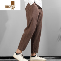 YANXU新款麻裤男宽松直筒休闲九分裤苎麻黑色日系亚棉长裤子潮