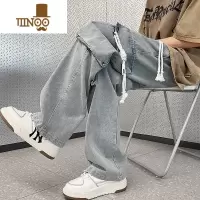 YANXU工装牛仔裤男秋季美式复古潮牌宽松直筒大口袋抽绳阔腿休闲长裤子