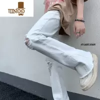 YANXU毛边破洞牛仔裤男款夏季美式高街弹力休闲裤子潮牌微喇叭直筒长裤