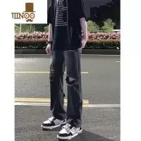 YANXU超火破洞牛仔裤男夏季薄款美式高街vibe暗黑系小众拉链直筒长裤子