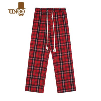 YANXU403 美式复古百搭抽绳设计红棕格子直筒宽松长裤ins潮男女同款