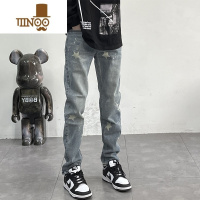 YANXU美式高街设计感牛仔裤男复古水洗做旧直筒裤休闲宽松星星泼墨长裤