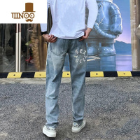 YANXU牛仔裤男款美式秋季垂感长裤潮牌简约高街直筒休闲裤水洗立体印花