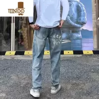 YANXU牛仔裤男款美式秋季垂感长裤潮牌简约高街直筒休闲裤水洗立体印花