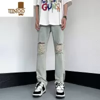 YANXU黑色破洞拉链牛仔裤男夏季美式潮牌高街小众直筒百搭微喇休闲长裤