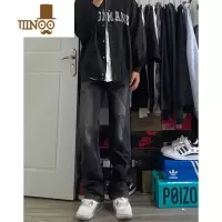 YANXU美式高街复古水洗黑色宽松牛仔裤男秋季百搭休闲设计感直筒长裤子