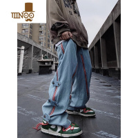 YANXU美式复古嘻哈排扣牛仔裤侧拉链男直筒宽松大码开叉高街拖地长裤男