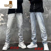 YANXU高街复古水洗浅色牛仔裤男潮牌修身显瘦小脚百搭拉链开衩长裤