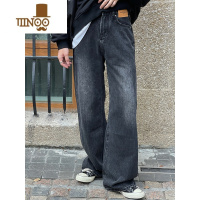 YANXU19studio 宽松直筒拖地感牛仔裤男复古黑灰色做旧长裤