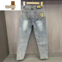 YANXU2023春季新款潮牌直筒牛仔裤男ins百搭修身水洗休闲蓝色束脚长裤