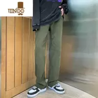 YANXUvintage绿色裤子男高街vibe美式伐木工装裤修身水洗毛边直筒长裤