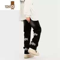 YANXU毛边拼接牛仔裤男士夏季高街vibe水洗做旧直筒款休闲长裤子潮