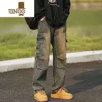 YANXU美式复古重工做旧洗水牛仔长裤男痞帅高街多口袋宽松直筒工装裤子