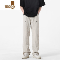 YANXU美式复古伐木裤男夏季高街潮牌宽松直筒长裤休闲百搭侧拉链牛仔裤