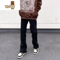 YANXU非潮勿近高街美式黑色牛仔裤男宽松微喇设计感显瘦毛边vibe长裤子