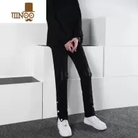 YANXU高街牛仔裤男士修身百搭潮牌黑色弹力裤子嘻哈假破洞补丁长裤男裤