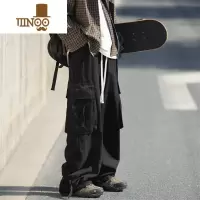 YANXU黑色工装裤男士日系大码宽松直筒休闲新款秋季男生潮牌拖地长裤子
