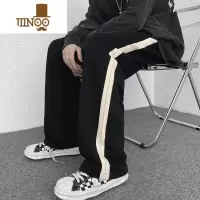YANXU弹力条纹拖地长裤子男潮胖加肥加大码休闲直筒显瘦宽松港风