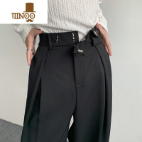 YANXU纯黑色那不勒斯裤子痞帅感直筒西裤男设计感宽松阔腿休闲长裤