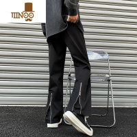 YANXU休闲裤男2023新款宽松设计感开叉直筒裤子高街vibe潮牌黑色长裤子