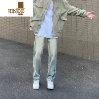 YANXU欧美vibe风高街拉链牛仔裤男国潮炸街修身直筒拖地裤复古做旧长裤