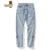 YANXU高街设计感黑色牛仔裤潮牌排扣宽松美式hiphop复古直筒显瘦裤子男